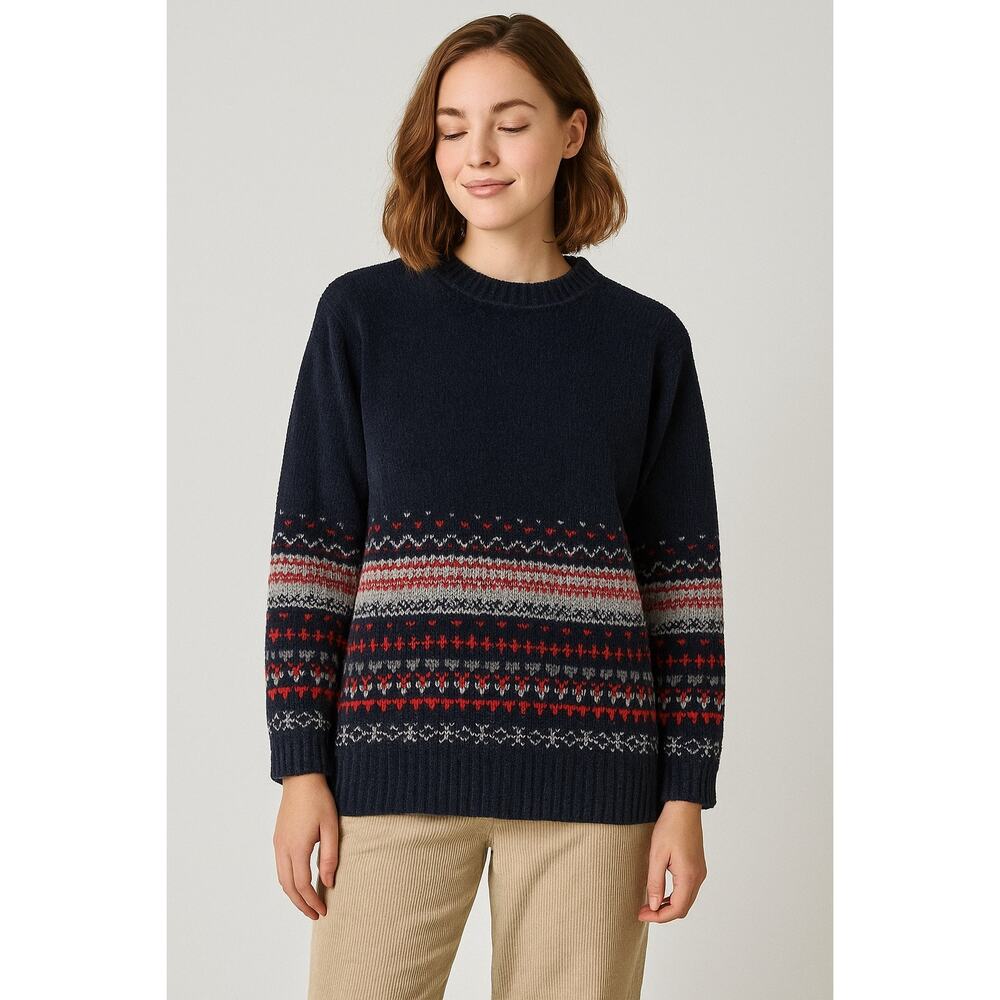 Designers Studio Originals Black Chenille Sweater PL Fair Isle Hearts Korea